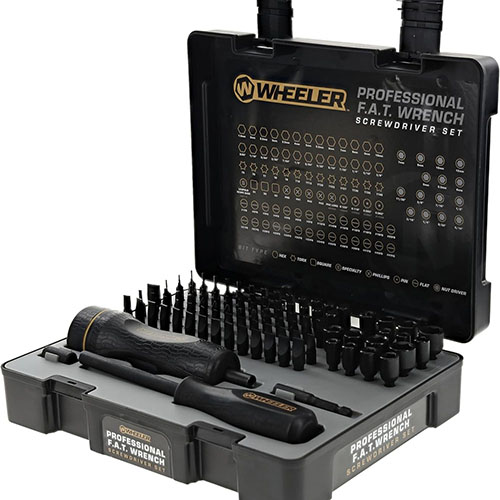 Elevate your gunsmithing with the Wheeler 100 Piece F.A.T. Wrench Screwdriver Set, featuring 98 bits, a torque range of 10-65 in-lbs, and a secure rubber grip.